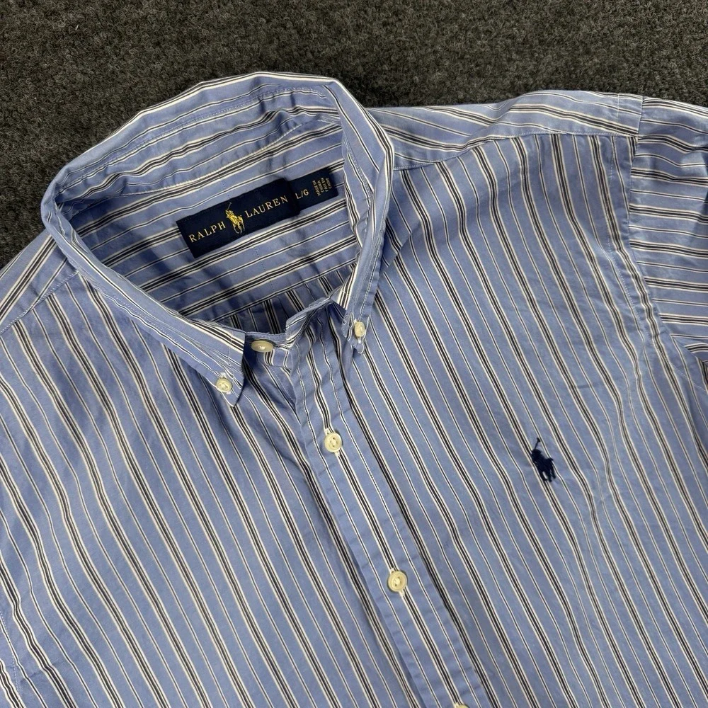 Polo Ralph Lauren Button Down Shirt Mens Large Blue Striped Cotton Pony
